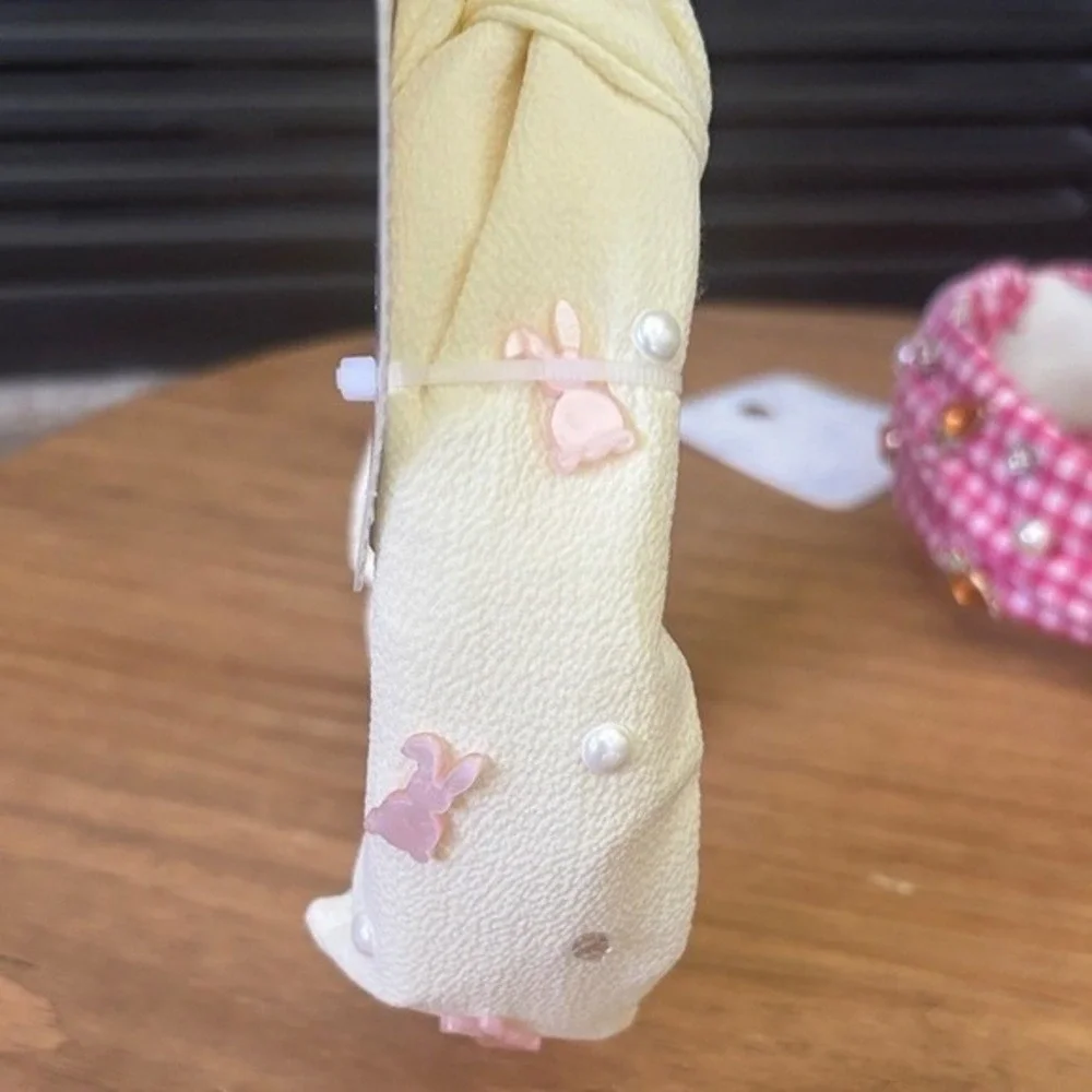 Girls OS Easter Summer Kids Headband Set Pink & Cream Bunny Beaded NEW